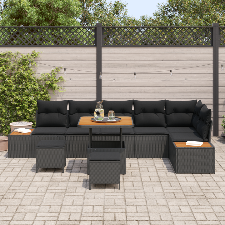 Havesofa Sæt 9 pcs Sort Poly Rattan og Pulverlakeret Stål