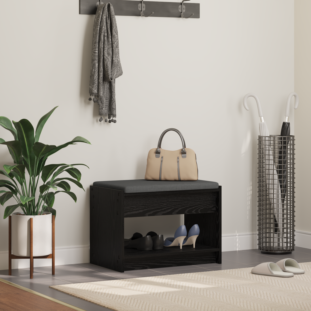 Hallbænk med pude Sort Eg 63 x 38 x 45 cm Kunstigt træ og stof