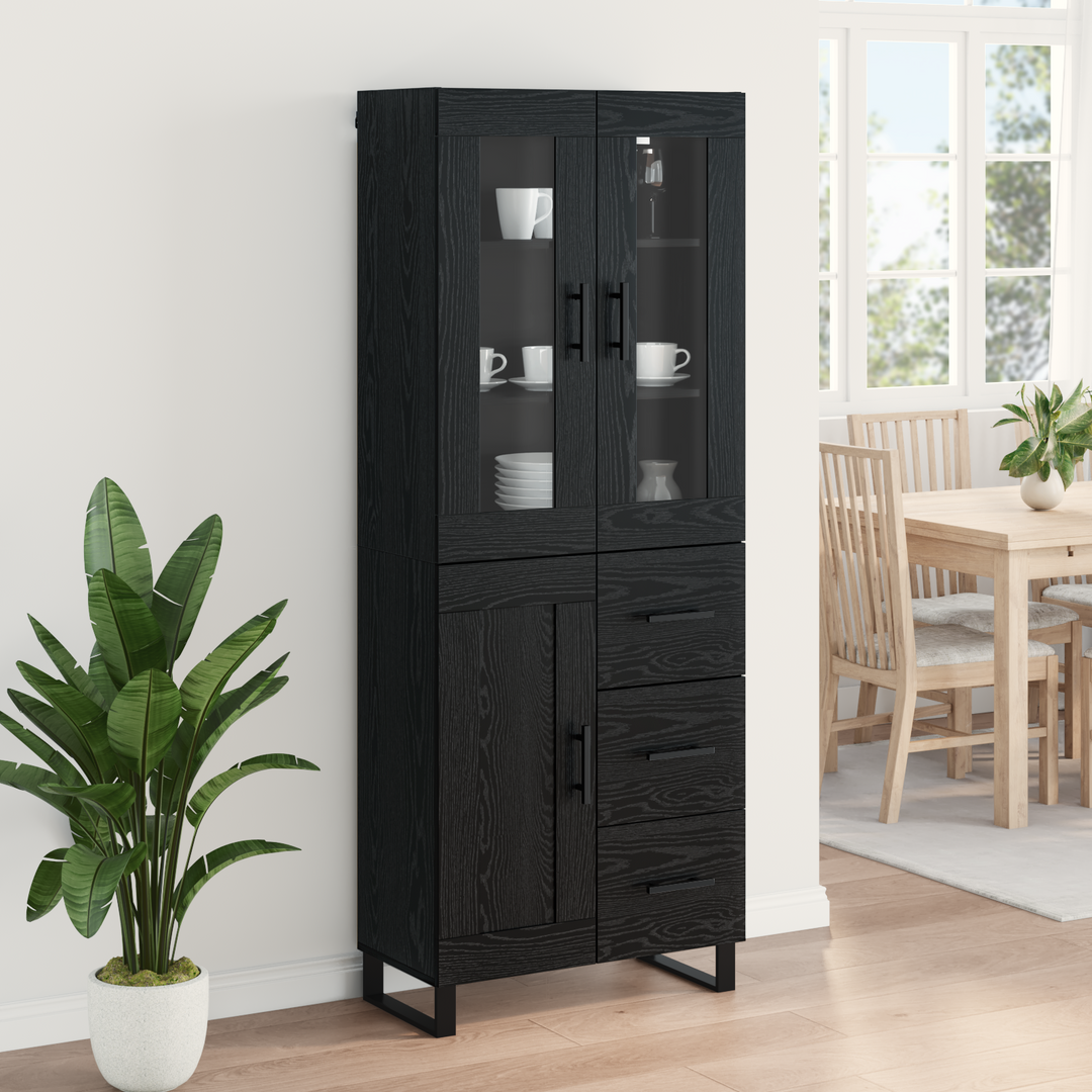 Highboard med skuffe 2 pcs Sort eg Ingeniørtræ og glas