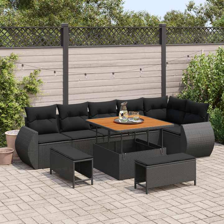 Havesofa Sæt med pude med opbevaring 9 pcs Sort Poly Rattan