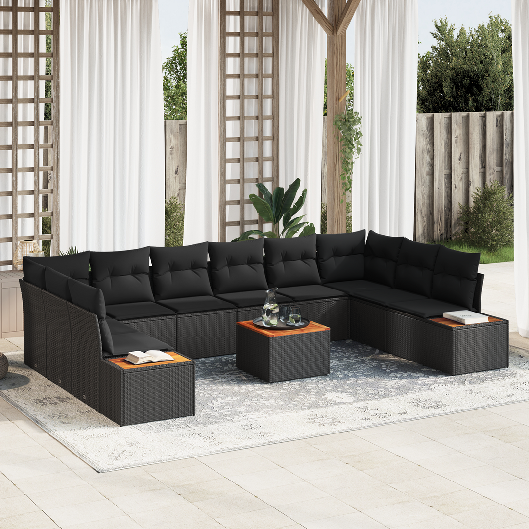 Havesofa Sæt med pude med opbevaring 10 pcs Sort Polyrattan