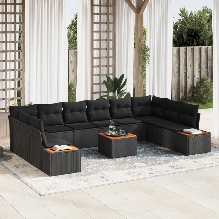 Havesofa Sæt med pude med opbevaring 10 pcs Sort Polyrattan