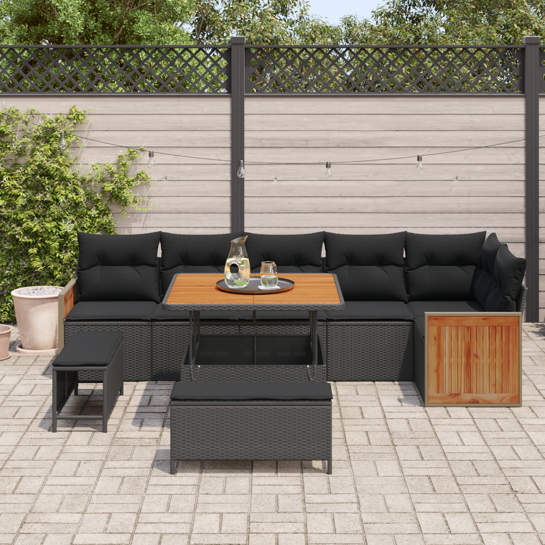 Havesofa Sæt 9 pcs Sort Poly Rattan og pulverlakeret stål