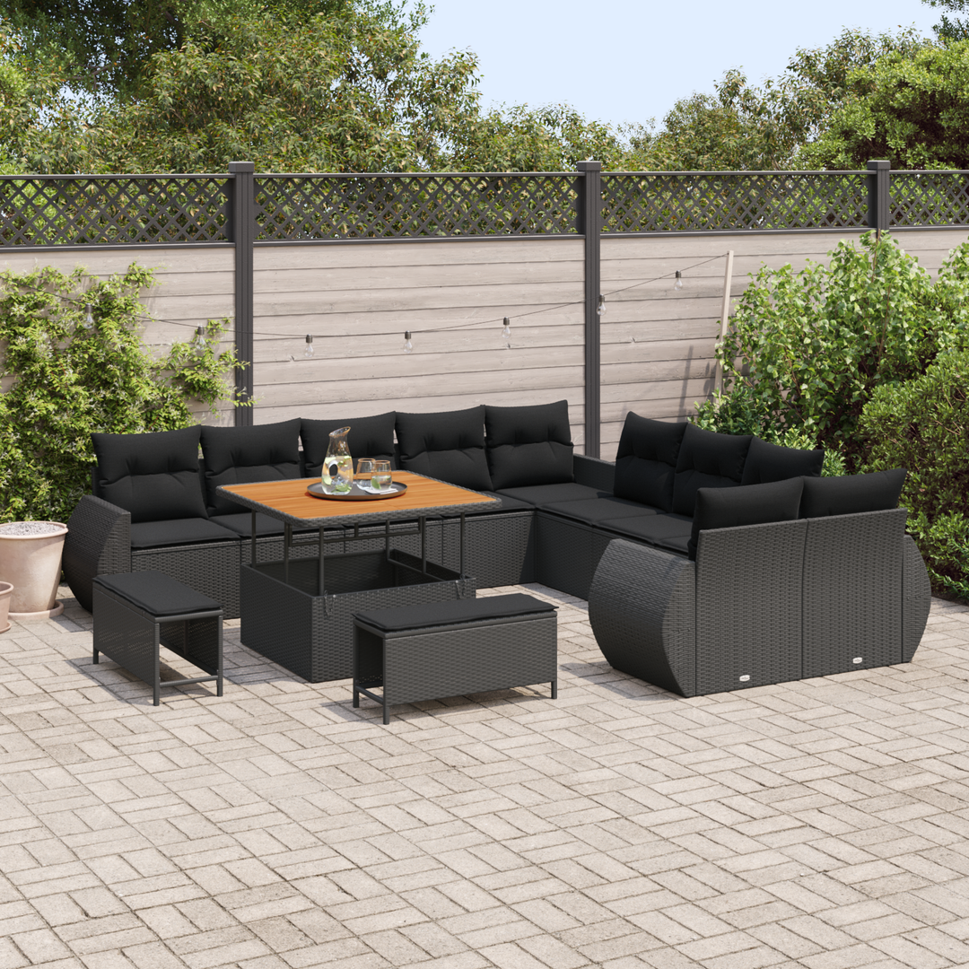 Havesofa Sæt 13 pcs Sort Polyrattan og pulverlakeret stål