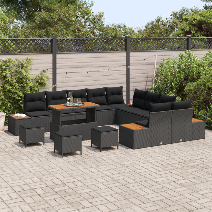 Havesofa Sæt med pude med opbevaring 14 pcs Sort Poly rattan