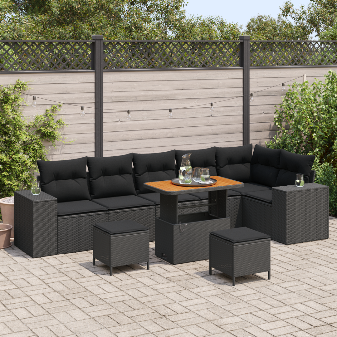 Havesofa Sæt med pude 9 pcs Sort polyrattan