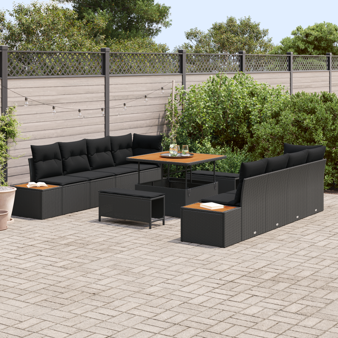 Havesofa Sæt med pude med opbevaring 11 pcs Sort Poly rattan