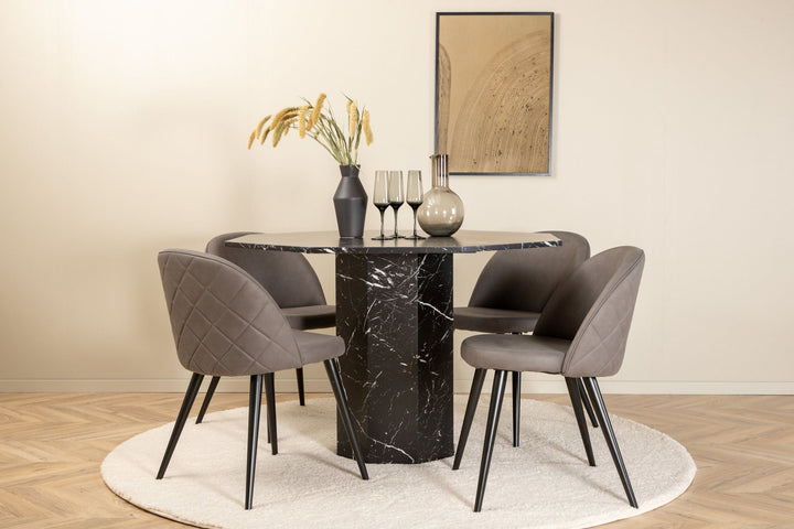 Venture Home Marbs Round Dining Table - Black / Black Glass Marble+Velvet Stitches Chair - Black / Grey Micro Fibre_4