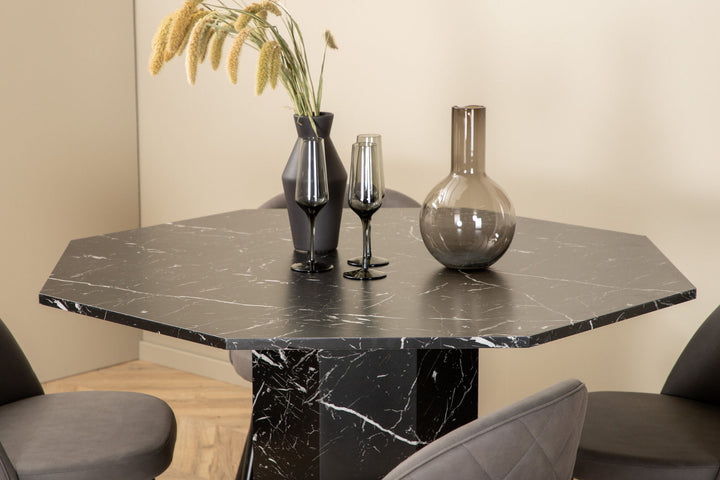 Venture Home Marbs Round Dining Table - Black / Black Glass Marble+Velvet Stitches Chair - Black / Grey Micro Fibre_4