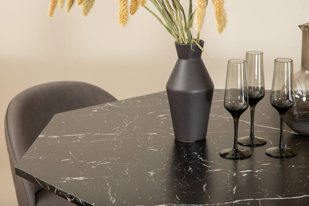 Venture Home Marbs Round Dining Table - Black / Black Glass Marble+Velvet Stitches Chair - Black / Grey Micro Fibre_4
