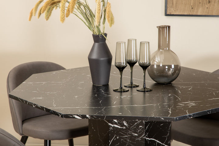 Venture Home Marbs Round Dining Table - Black / Black Glass Marble+Velvet Stitches Chair - Black / Grey Micro Fibre_4