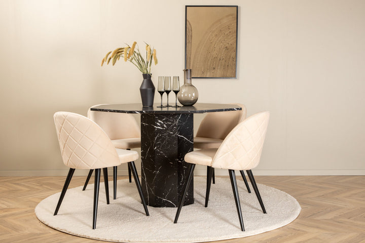 Venture Home Marbs Round Dining Table - Black / Black Glass Marble+Velvet Stitches Chair - Black / Beige Velvet_4