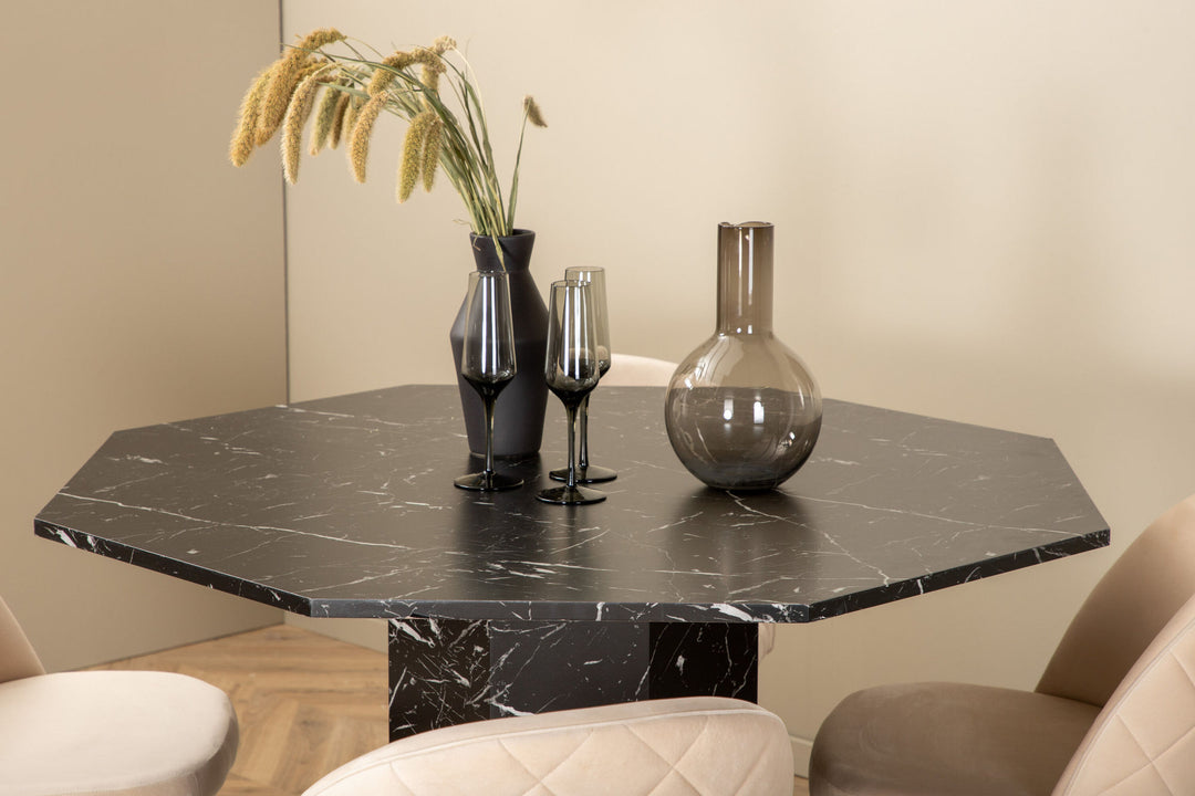 Venture Home Marbs Round Dining Table - Black / Black Glass Marble+Velvet Stitches Chair - Black / Beige Velvet_4