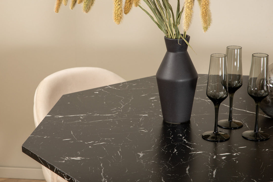 Venture Home Marbs Round Dining Table - Black / Black Glass Marble+Velvet Stitches Chair - Black / Beige Velvet_4