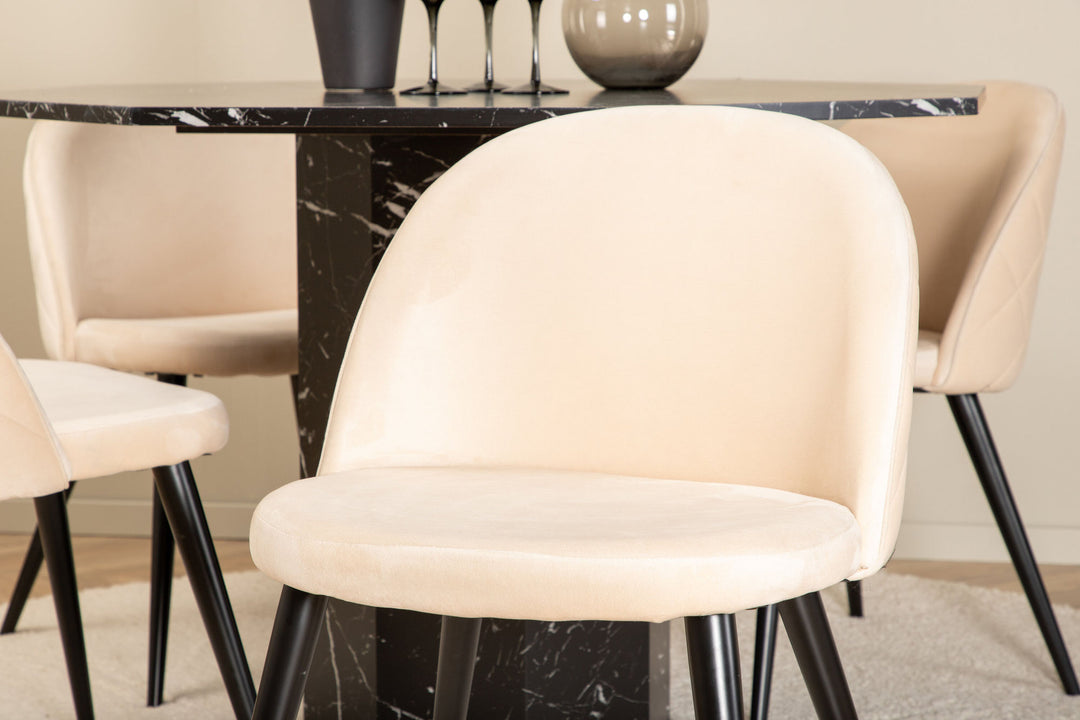 Venture Home Marbs Round Dining Table - Black / Black Glass Marble+Velvet Stitches Chair - Black / Beige Velvet_4