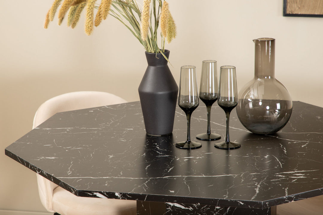 Venture Home Marbs Round Dining Table - Black / Black Glass Marble+Velvet Stitches Chair - Black / Beige Velvet_4
