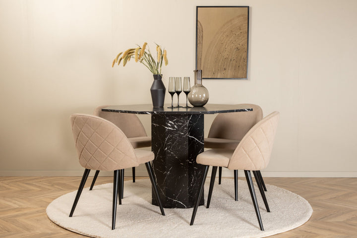 Venture Home Marbs Round Dining Table - Black / Black Glass Marble+Velvet Stitches Chair - Black / Beige Fabric (Polyester linen )_4