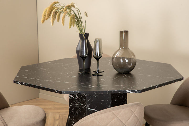Venture Home Marbs Round Dining Table - Black / Black Glass Marble+Velvet Stitches Chair - Black / Beige Fabric (Polyester linen )_4