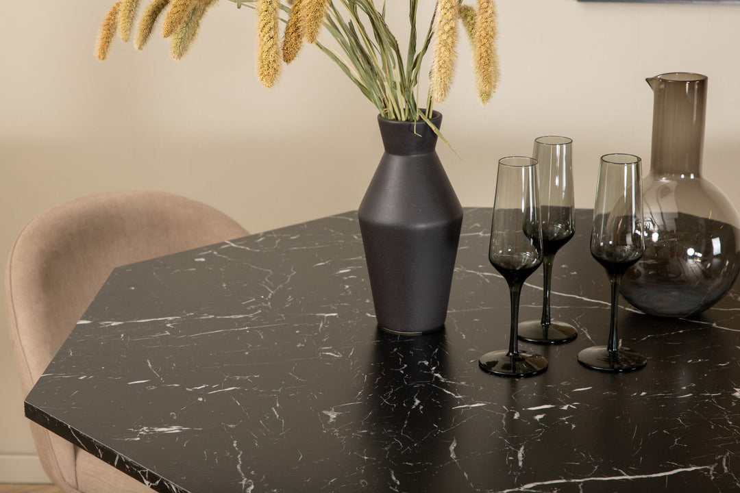 Venture Home Marbs Round Dining Table - Black / Black Glass Marble+Velvet Stitches Chair - Black / Beige Fabric (Polyester linen )_4