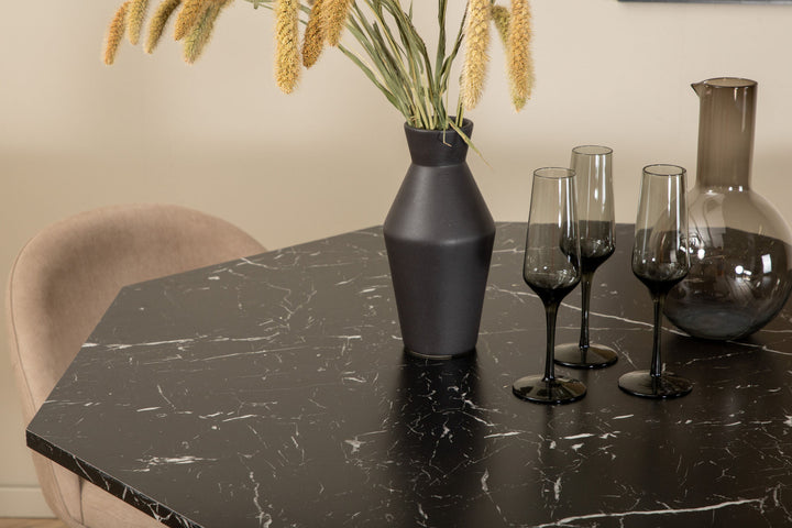 Venture Home Marbs Round Dining Table - Black / Black Glass Marble+Velvet Stitches Chair - Black / Beige Fabric (Polyester linen )_4