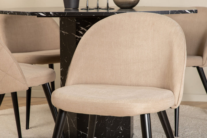 Venture Home Marbs Round Dining Table - Black / Black Glass Marble+Velvet Stitches Chair - Black / Beige Fabric (Polyester linen )_4