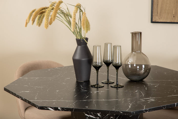 Venture Home Marbs Round Dining Table - Black / Black Glass Marble+Velvet Stitches Chair - Black / Beige Fabric (Polyester linen )_4