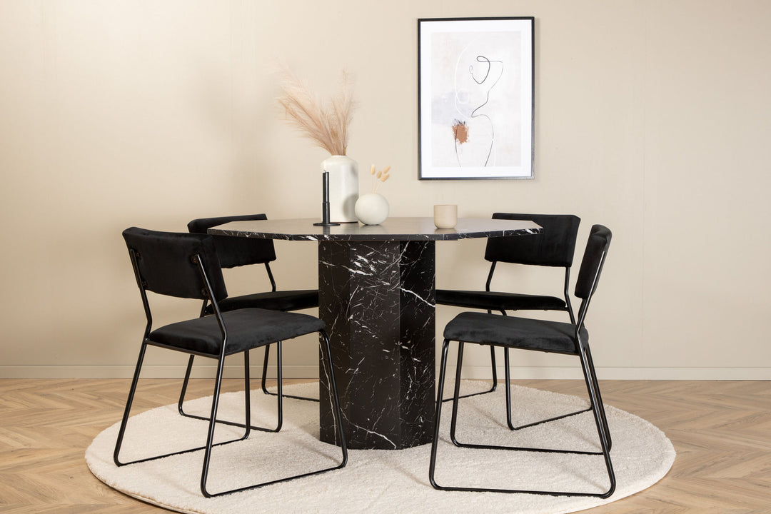 Venture Home Marbs Round Dining Table - Black / Black Glass Marble+Kenth Chair - Black / Black Velvet_4
