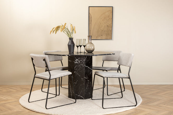Venture Home Marbs Round Dining Table - Black / Black Glass Marble+Kenth Chair - Black / Light Grey Velvet_4