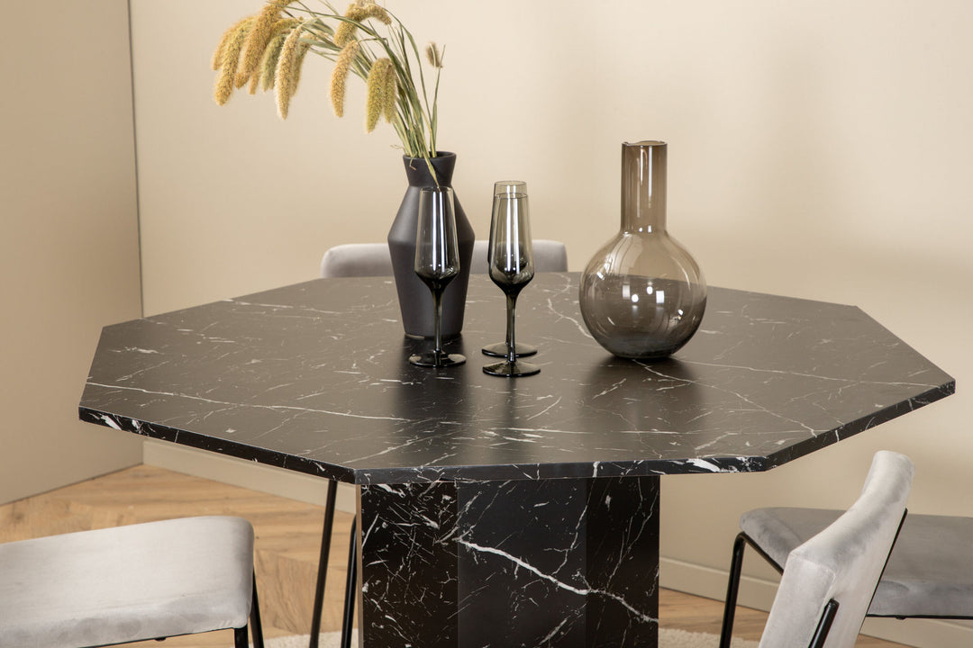 Venture Home Marbs Round Dining Table - Black / Black Glass Marble+Kenth Chair - Black / Light Grey Velvet_4