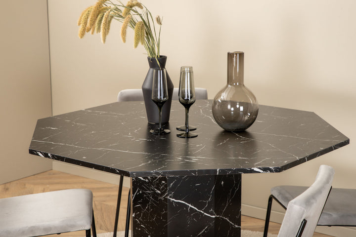 Venture Home Marbs Round Dining Table - Black / Black Glass Marble+Kenth Chair - Black / Light Grey Velvet_4