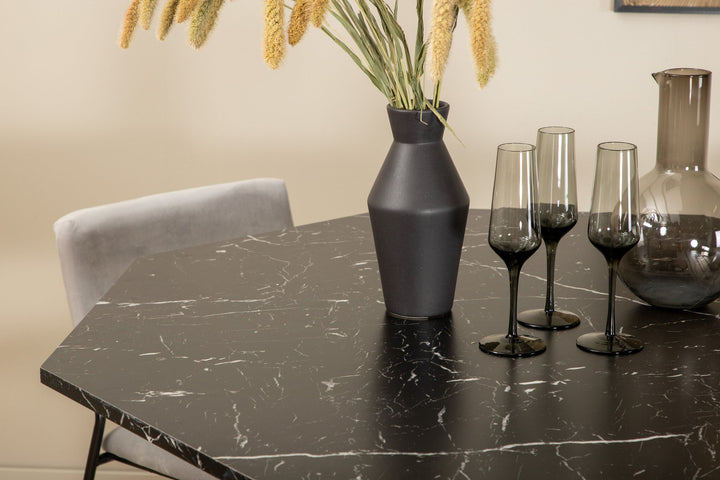 Venture Home Marbs Round Dining Table - Black / Black Glass Marble+Kenth Chair - Black / Light Grey Velvet_4
