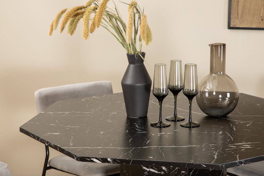 Venture Home Marbs Round Dining Table - Black / Black Glass Marble+Kenth Chair - Black / Light Grey Velvet_4