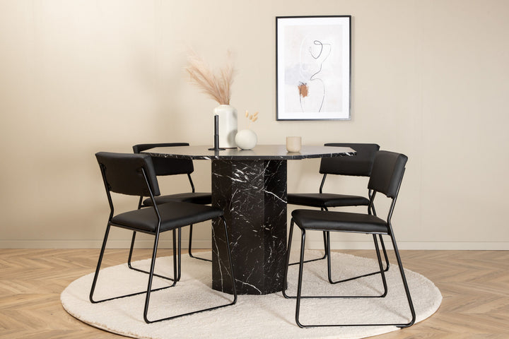 Venture Home Marbs Round Dining Table - Black / Black Glass Marble+Kenth Chair - Black / Black PU_4