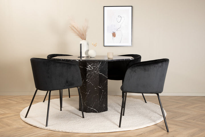 Venture Home Marbs Round Dining Table - Black / Black Glass Marble+Berit Chair - Black / Black Velvet_4