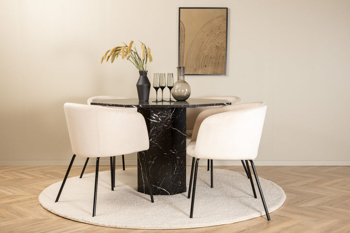 Venture Home Marbs Round Dining Table - Black / Black Glass Marble+Berit Chair - Black / Beige Velvet_4