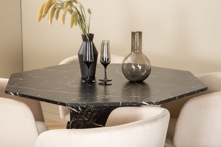 Venture Home Marbs Round Dining Table - Black / Black Glass Marble+Berit Chair - Black / Beige Velvet_4