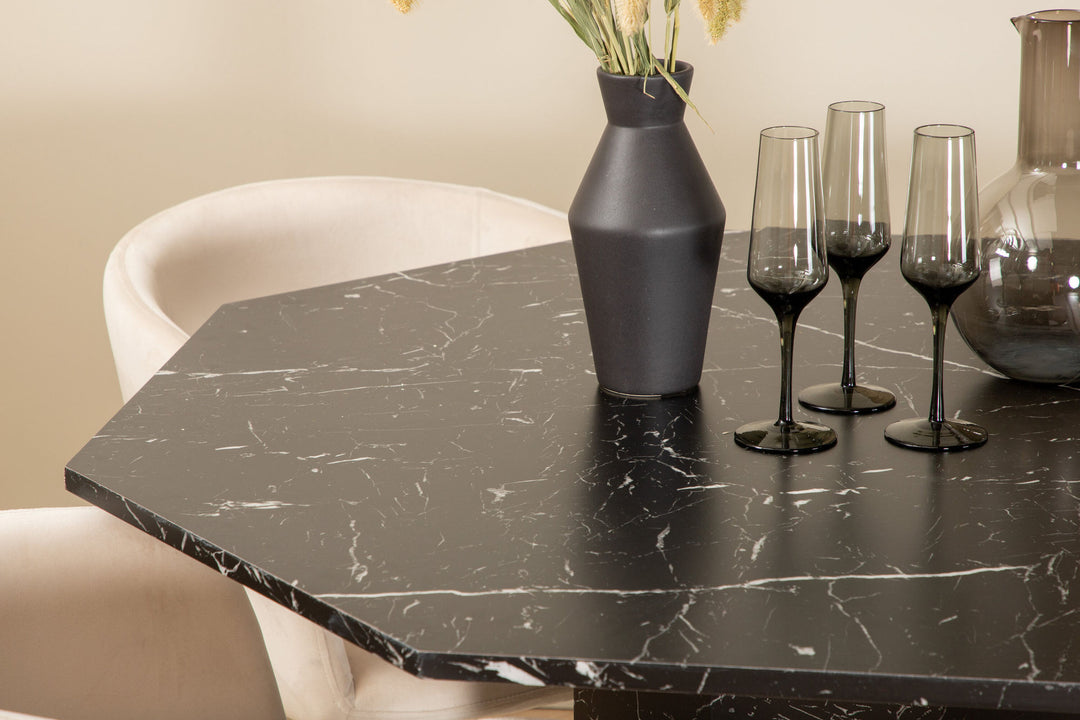 Venture Home Marbs Round Dining Table - Black / Black Glass Marble+Berit Chair - Black / Beige Velvet_4