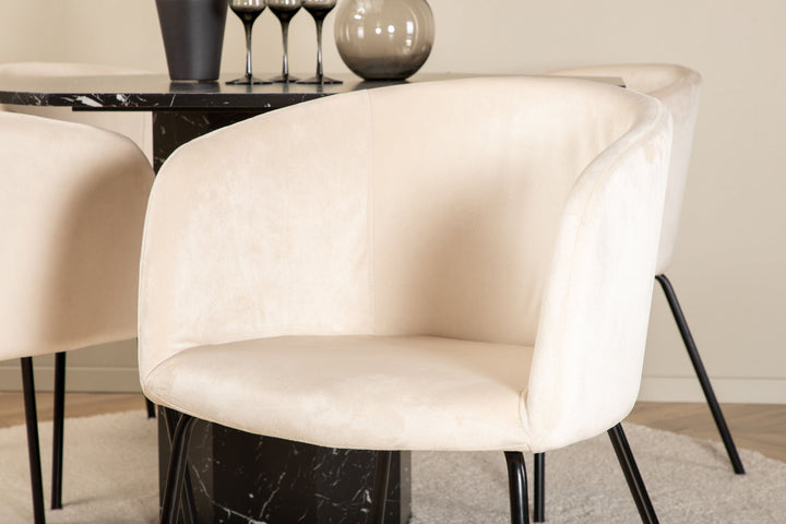 Venture Home Marbs Round Dining Table - Black / Black Glass Marble+Berit Chair - Black / Beige Velvet_4