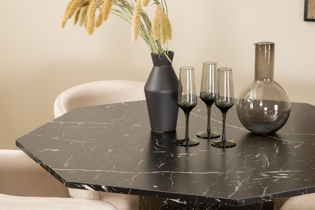 Venture Home Marbs Round Dining Table - Black / Black Glass Marble+Berit Chair - Black / Beige Velvet_4