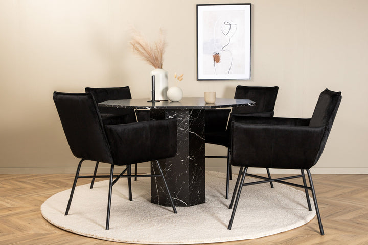 Venture Home Marbs Round Dining Table - Black / Black Glass Marble+Petra Chair - Black / Black Velvet_4