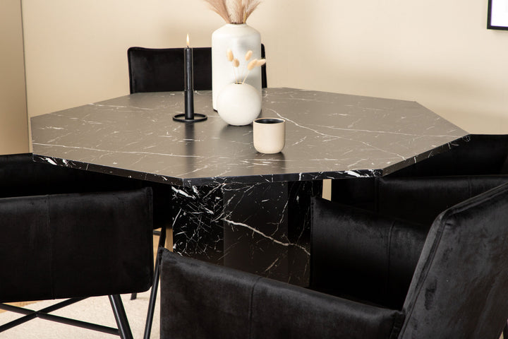 Venture Home Marbs Round Dining Table - Black / Black Glass Marble+Petra Chair - Black / Black Velvet_4