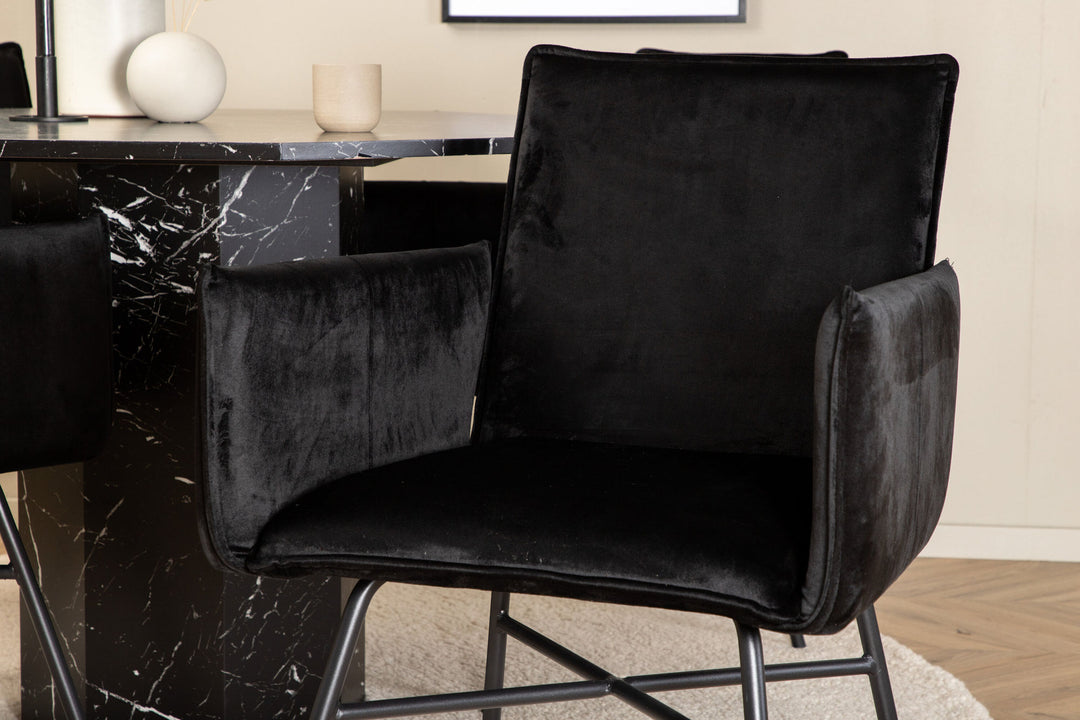 Venture Home Marbs Round Dining Table - Black / Black Glass Marble+Petra Chair - Black / Black Velvet_4