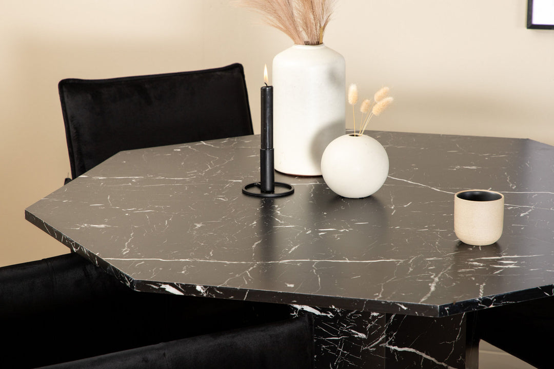 Venture Home Marbs Round Dining Table - Black / Black Glass Marble+Petra Chair - Black / Black Velvet_4