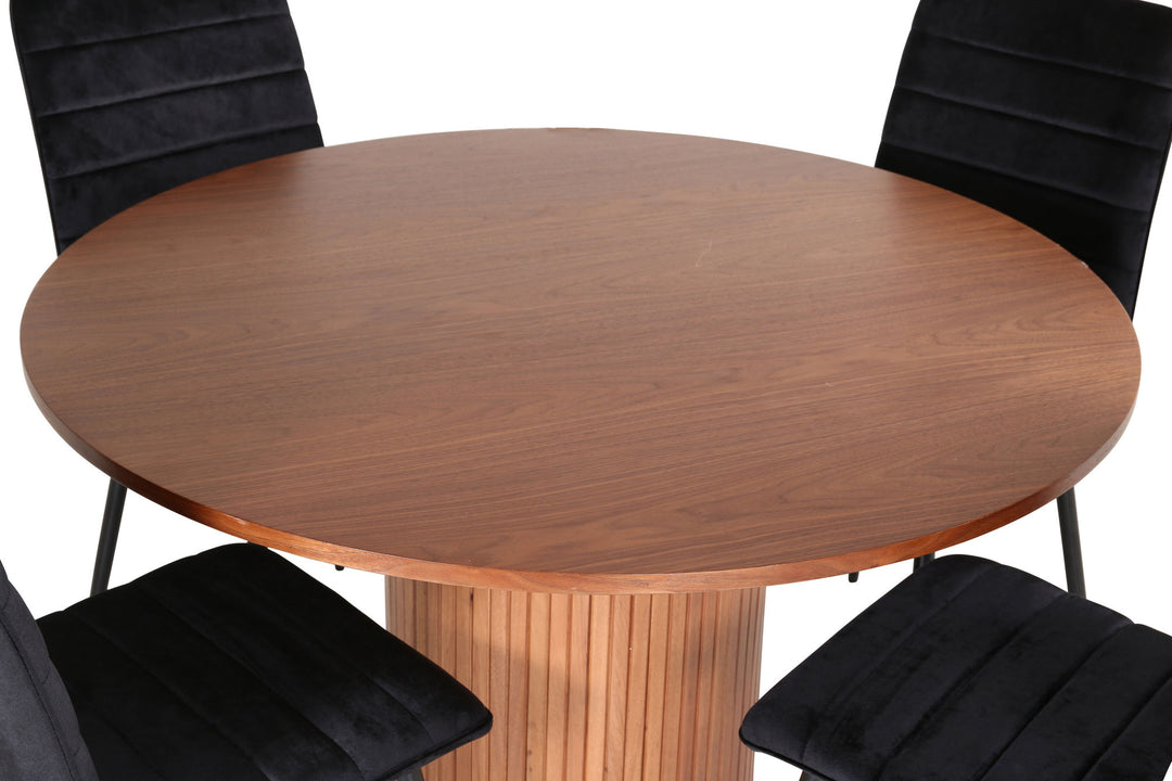 Venture Home Bianca Round Dining Table - Walnut / Black Veneer+Windu Lyx Chair - Black / Black Velvet_4