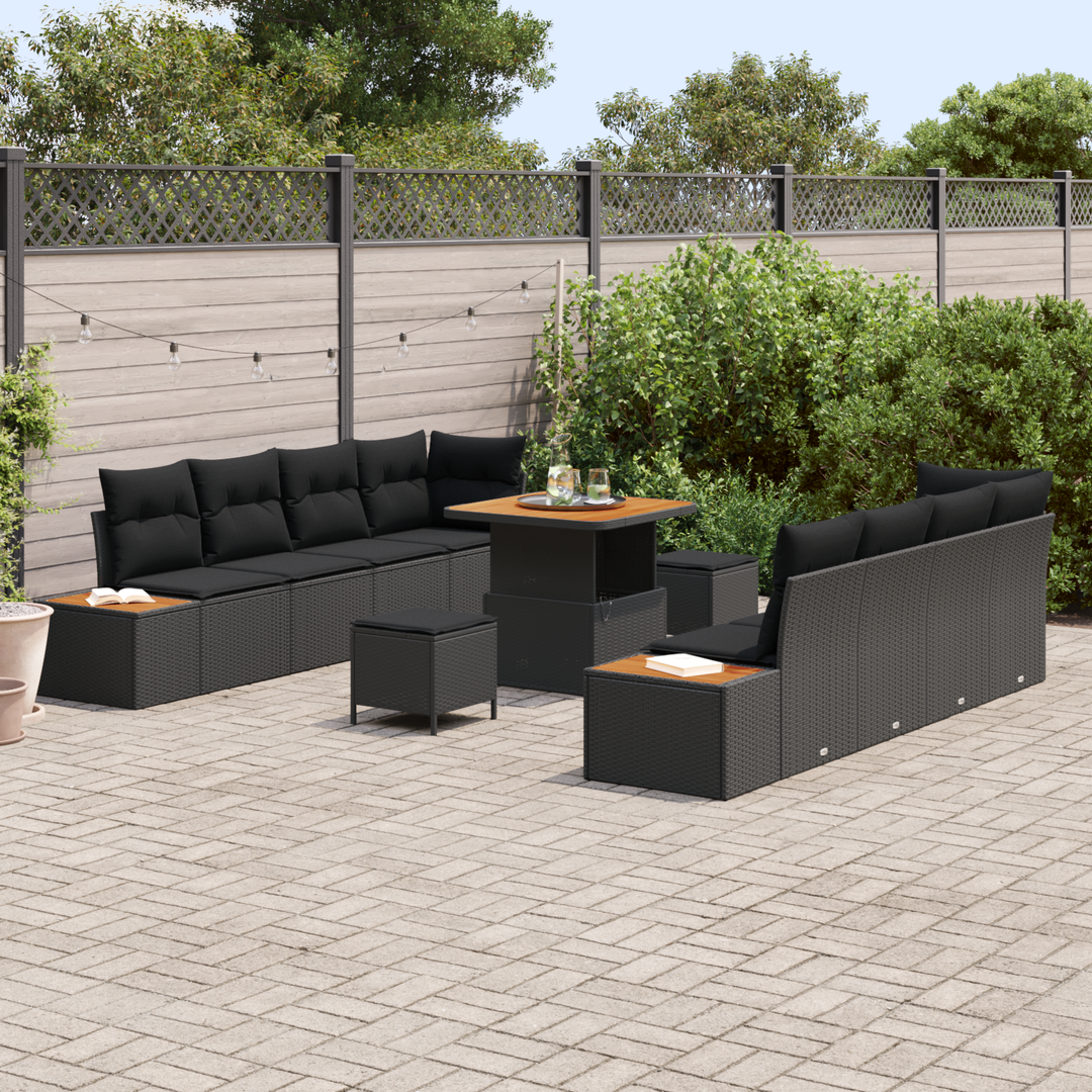 Havesofa Sæt 11 pcs Sort Poly Rattan og Pulverlakeret Stål