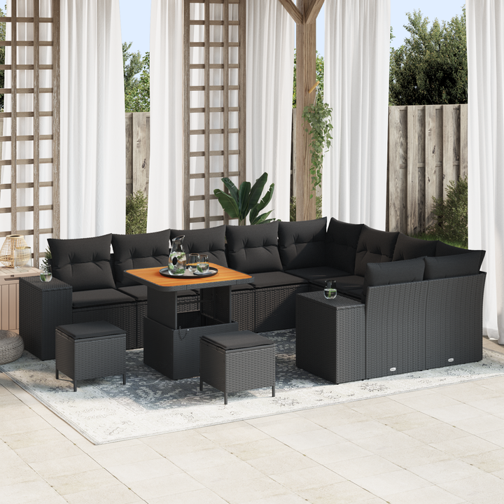 Havesofa Sæt 12 pcs Sort Polyrattan, stål og massivt akacietræ