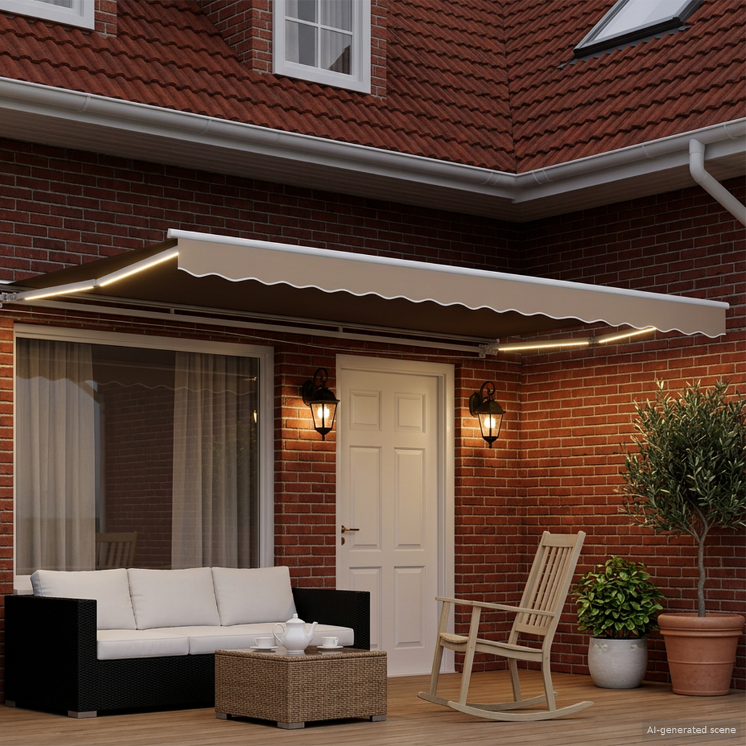 Manuel markise-ramme med LED-lys Beige og hvid 4 × 3,5 m