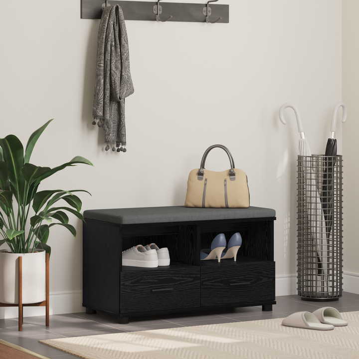 Hallbænk med pude Sort Eg 80 x 38 x 46 cm Kunstigt træ og stof