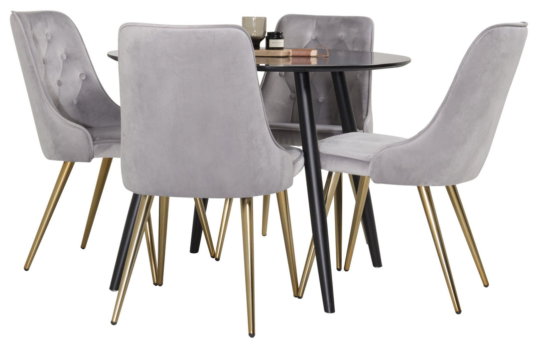 Venture Home Plaza Runt Matbord - Svart / Svart - ø100*H75 +Velvet Deluxe Dining Chair - Brushed brass leg / Light Grey  Velvet _4