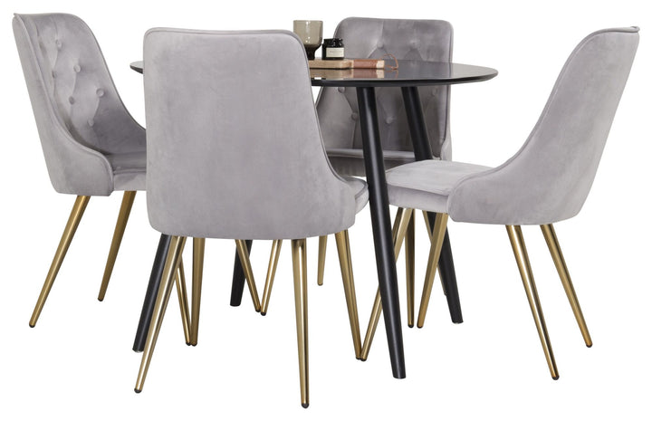 Venture Home Plaza Runt Matbord - Svart / Svart - ø100*H75 +Velvet Deluxe Dining Chair - Brushed brass leg / Light Grey  Velvet _4